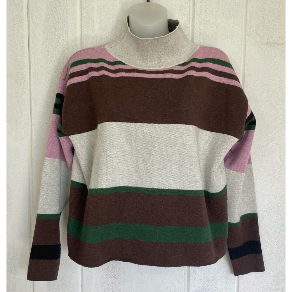 Anthropologie Stripe The Carys Mock-Neck Sweater by Maeve XS Pink Brown White
